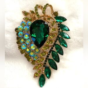 Elegant Multicolor Glass Large Cascading Leaf Style Brooch Goldtone